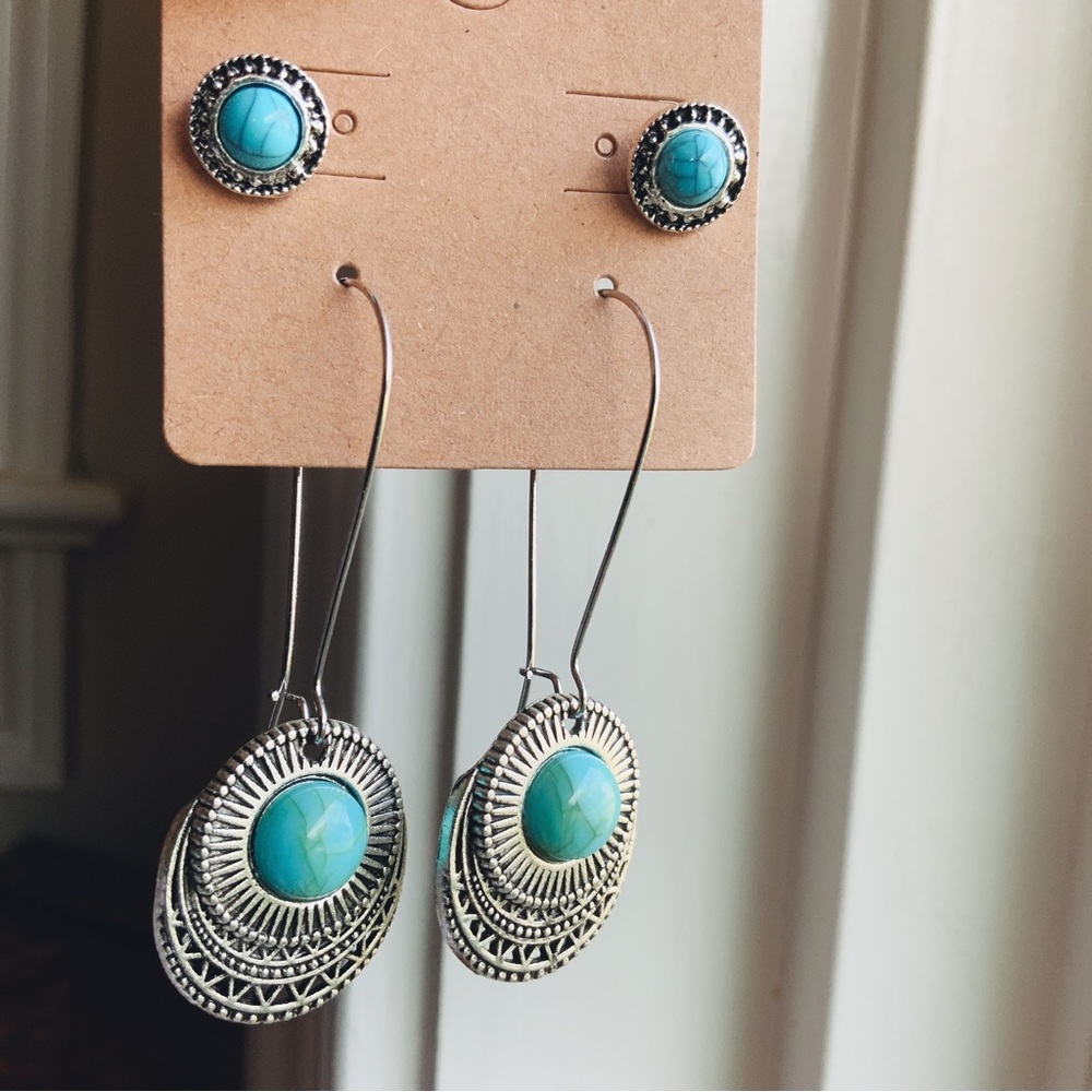 BOGO Silver Turquoise Larimer Ornate Carved Spiral Boho Earring Set Studs Dangle